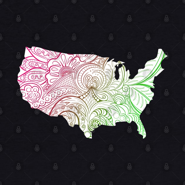 Colorful mandala art map of the United States of America in pink and green on white background by Happy Citizen